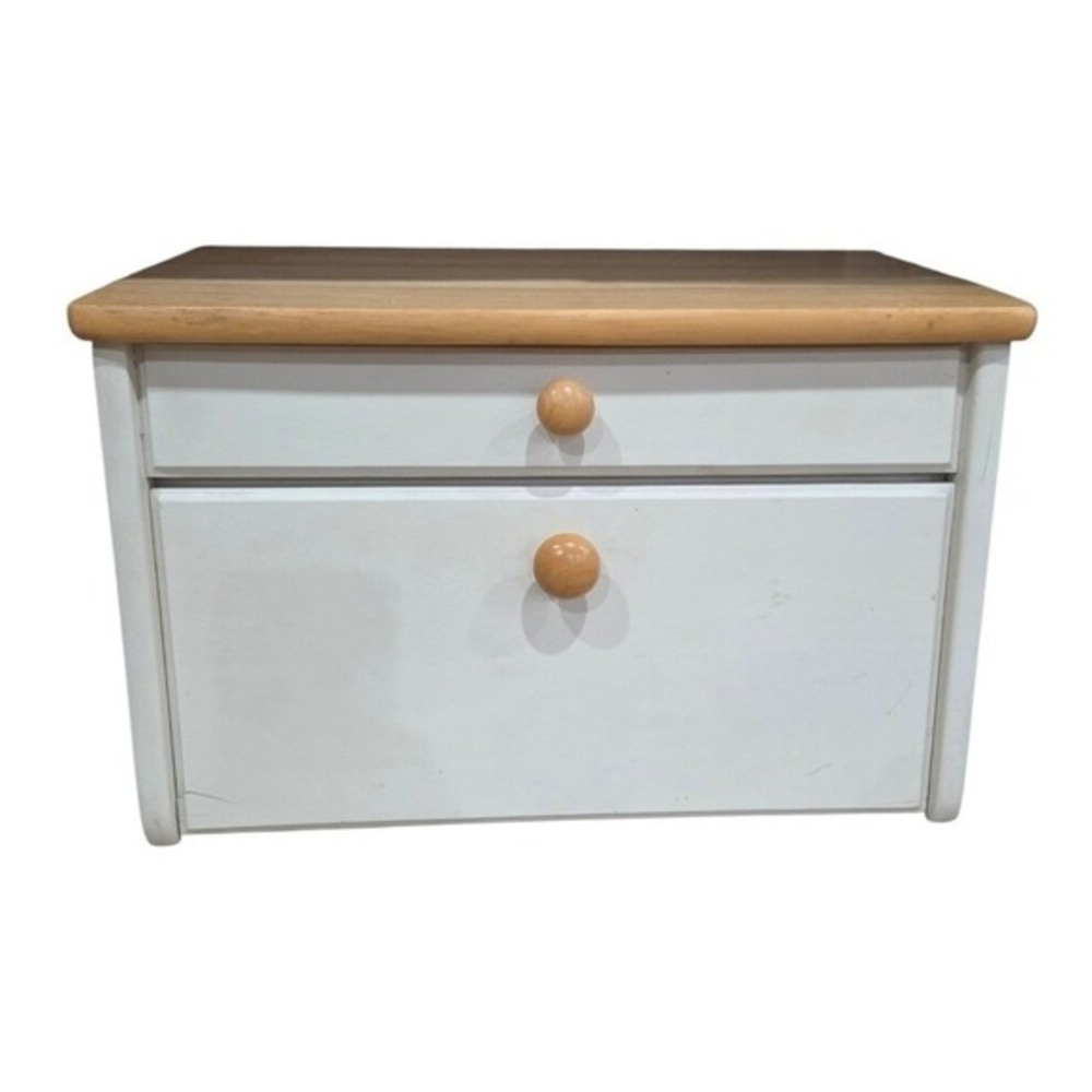 White and Natural Wood Bread Box Kitchen Storage Cabinet
